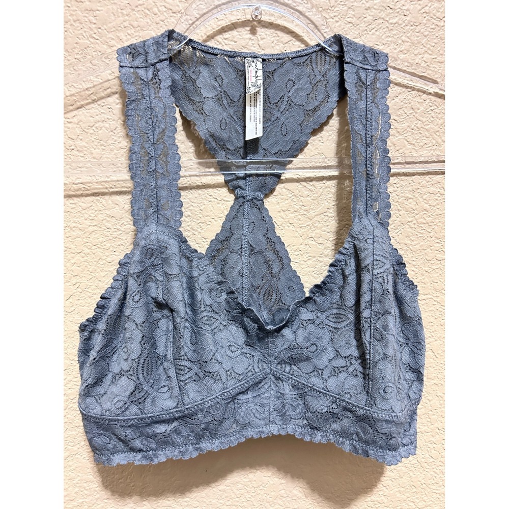Free People M Adella Bralette Blue Grey Lace Racerback Boho Festival V-Neck